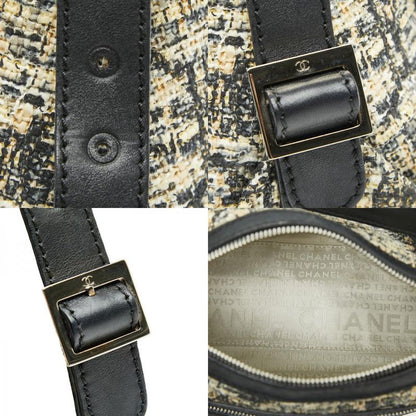 Chanel Icon Print Clover One Shoulder Bag Handbag Beige Black Tweed Leather