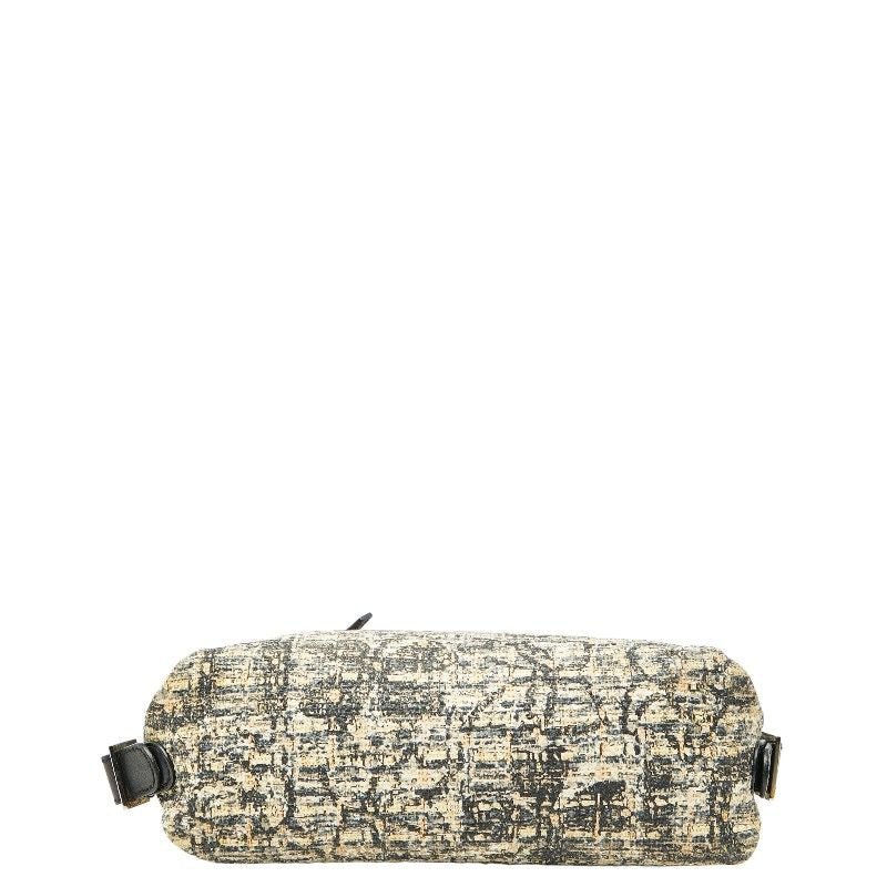 Chanel Icon Print Clover One Shoulder Bag Handbag Beige Black Tweed Leather