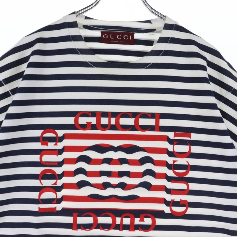 Gucci Logo-printed Striped Crew-neck Short-sleeved T-shirt Cut And Sewn