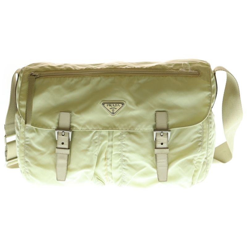 Prada Saffiano Shoulder Bag Handbag Light Green Tessuto B1738 Silver Hardware