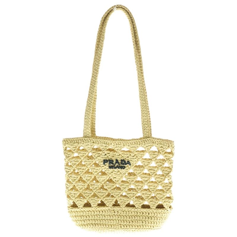 Prada Crochet Mini Triangle Logo Cage Shoulder Tote Bag Beige 1bg494