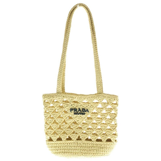 Prada Crochet Mini Triangle Logo Cage Shoulder Tote Bag Beige 1bg494