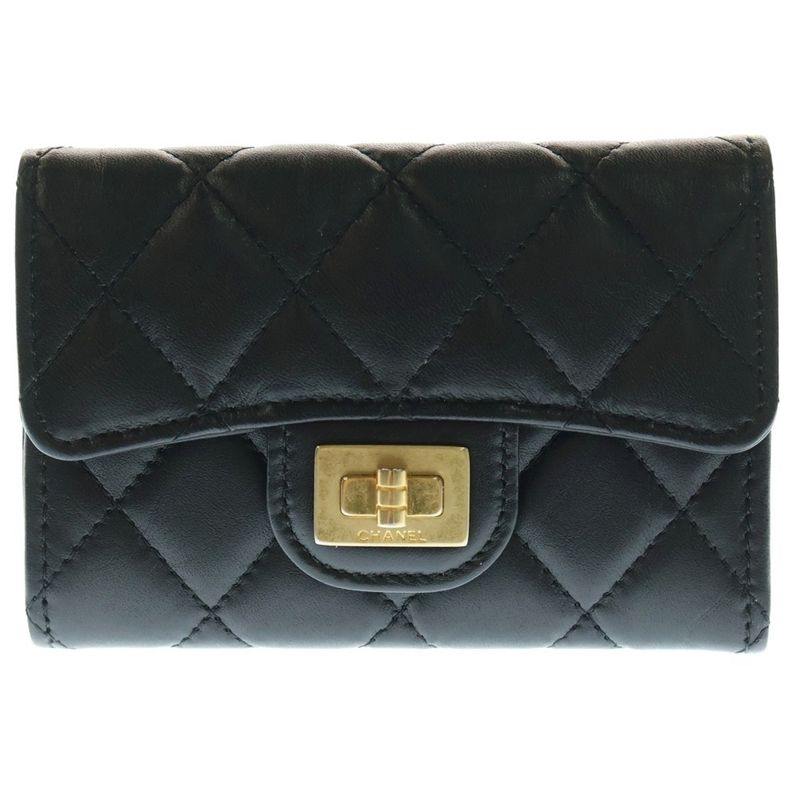 Chanel 2.55 Matelasse Small Wallet Card Case Black Lambskin Gold Hardware