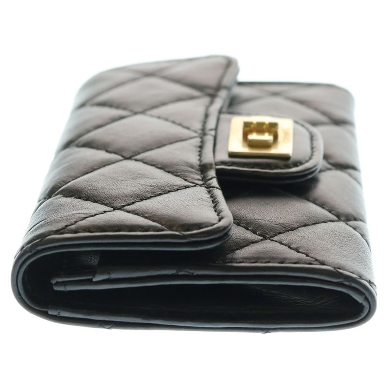 Chanel 2.55 Matelasse Small Wallet Card Case Black Lambskin Gold Hardware