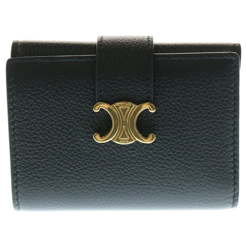 Celine Fine Strap Triomphe Compact Wallet Bifold Wallet Black Leather Gold