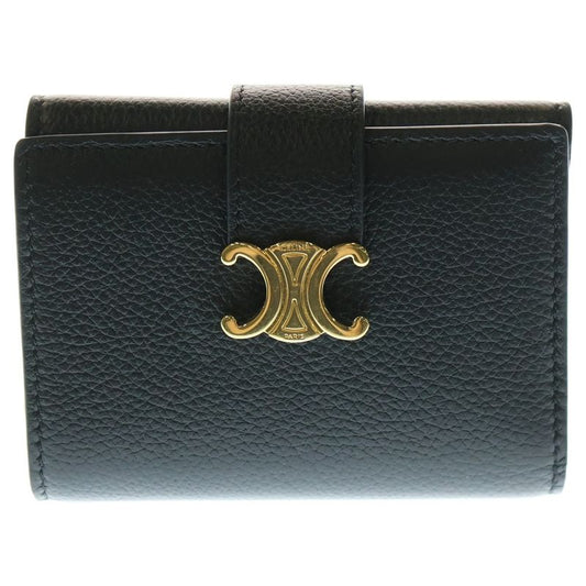 Celine Fine Strap Triomphe Compact Wallet Bifold Wallet Black Leather Gold