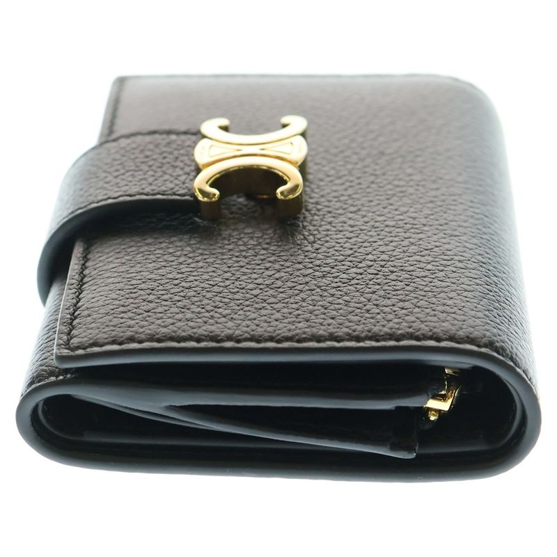 Celine Fine Strap Triomphe Compact Wallet Bifold Wallet Black Leather Gold