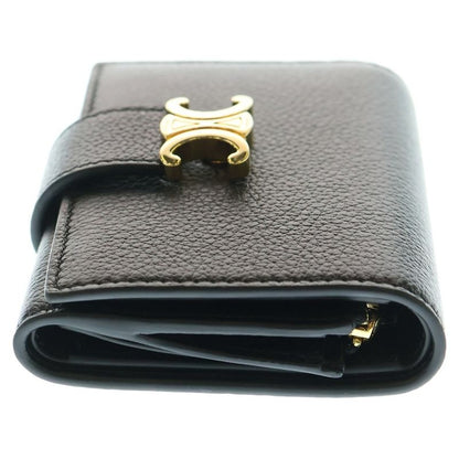 Celine Fine Strap Triomphe Compact Wallet Bifold Wallet Black Leather Gold