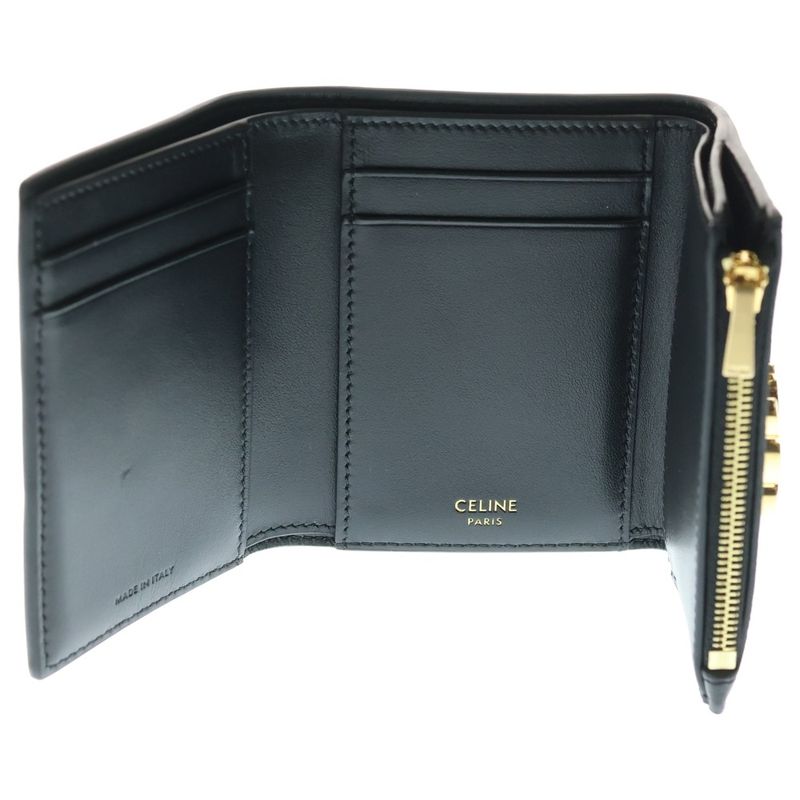 Celine Fine Strap Triomphe Compact Wallet Bifold Wallet Black Leather Gold