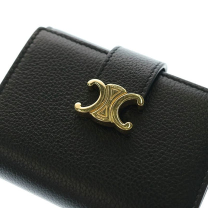 Celine Fine Strap Triomphe Compact Wallet Bifold Wallet Black Leather Gold