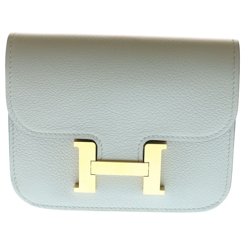 Hermes Constance Slim Evercolor Compact Wallet Light Blue Glacier W Engraved