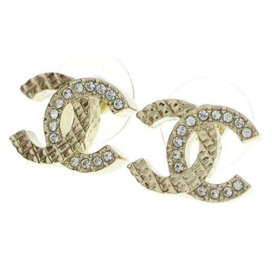 Chanel Coco Rhinestone Logo Earrings Chien Pan Gold GP