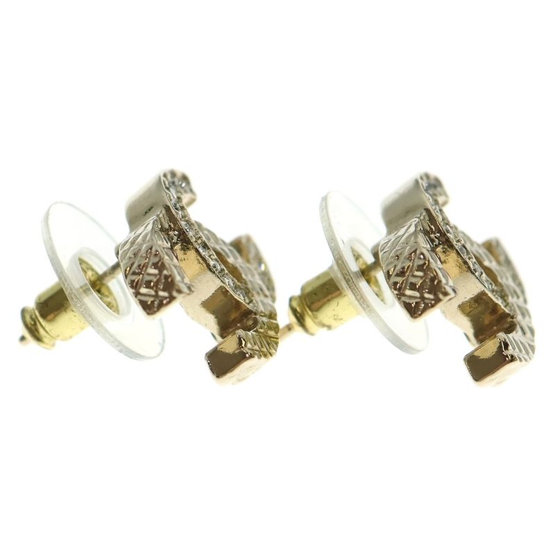 Chanel Coco Rhinestone Logo Earrings Chien Pan Gold GP