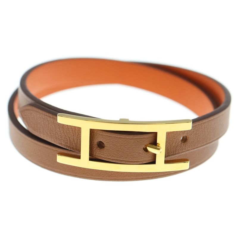 Hermes Api Bracelet Belt Brown And Orange Leather Gold Hardware GP T3