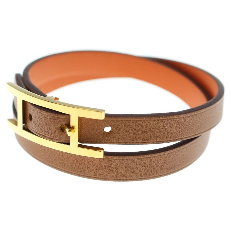 Hermes Api Bracelet Belt Brown And Orange Leather Gold Hardware GP T3