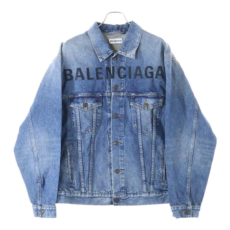 Balenciaga 19AW Front Embroidered Logo Denim Jacket Indigo 594386 Tcw03