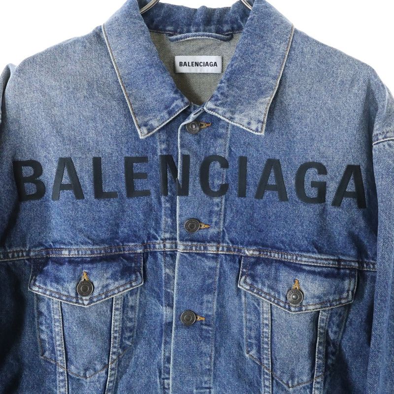 Balenciaga 19AW Front Embroidered Logo Denim Jacket Indigo 594386 Tcw03