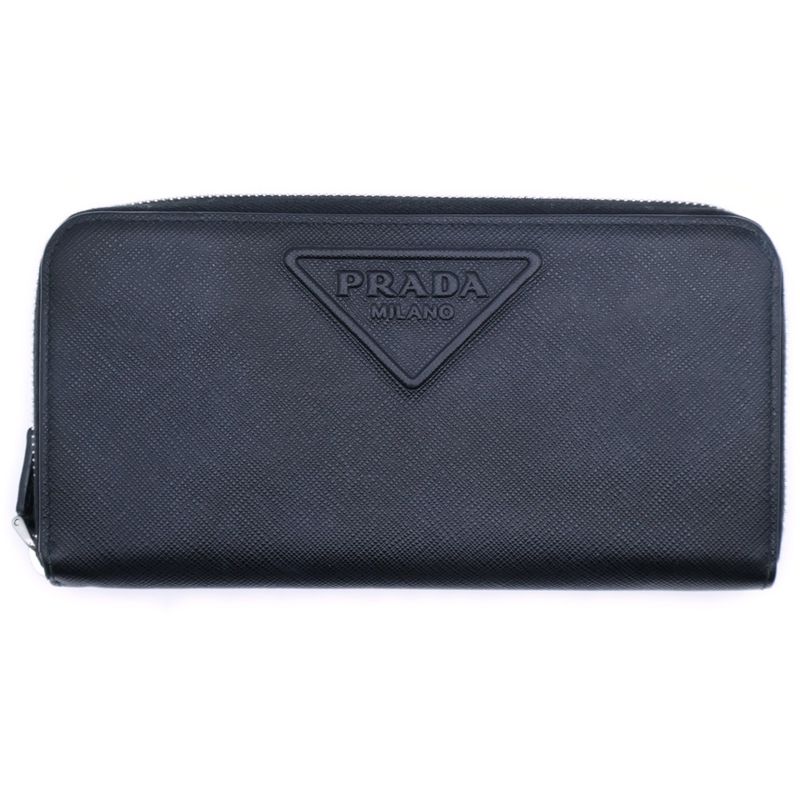 Prada Round Zipper Embossed Long Wallet Long Wallet Card Case Black Leather