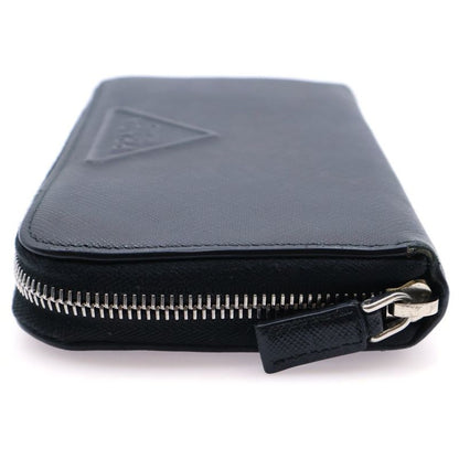 Prada Round Zipper Embossed Long Wallet Long Wallet Card Case Black Leather