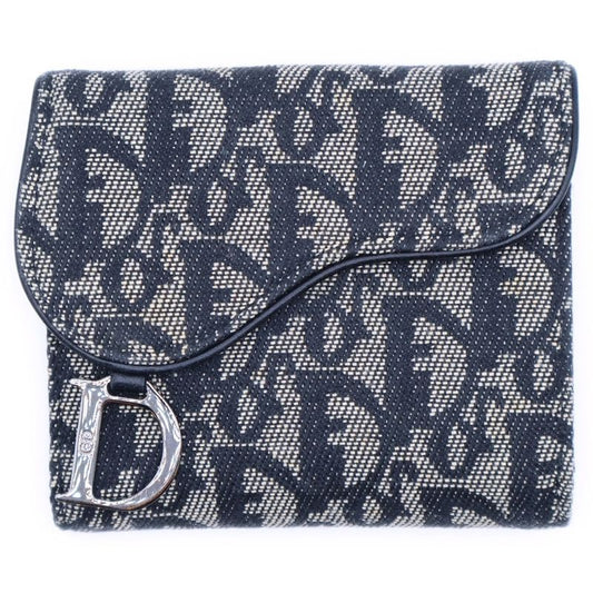 Christian Dior Trotter Trifold Wallet Compact Wallet Coin Case Black Canvas And