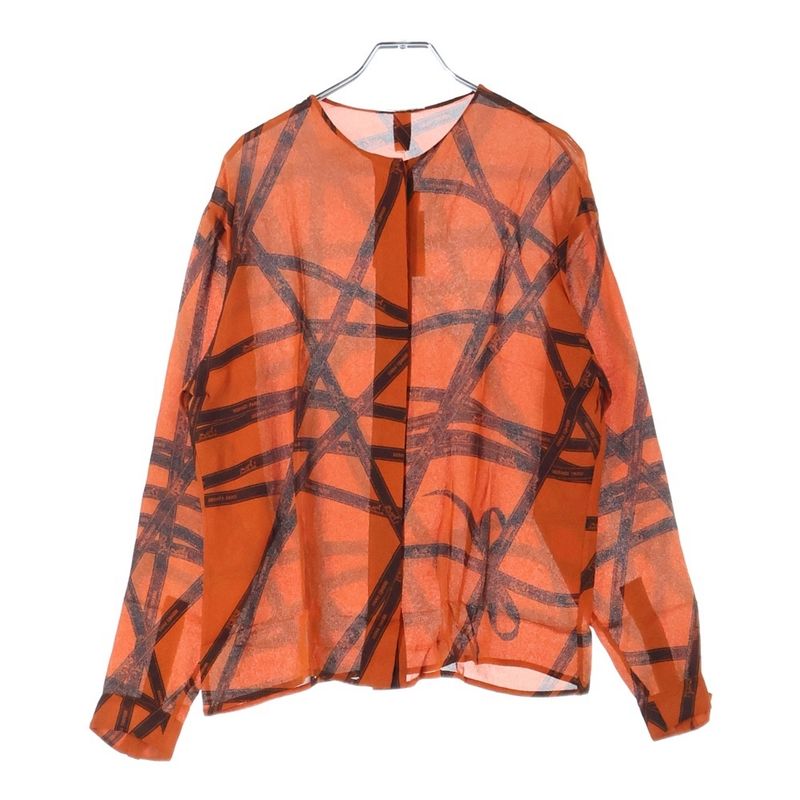 Hermes Beaulieu Duc Ribbon All Over Logo Print Silk Crew Neck Long Sleeve Shirt