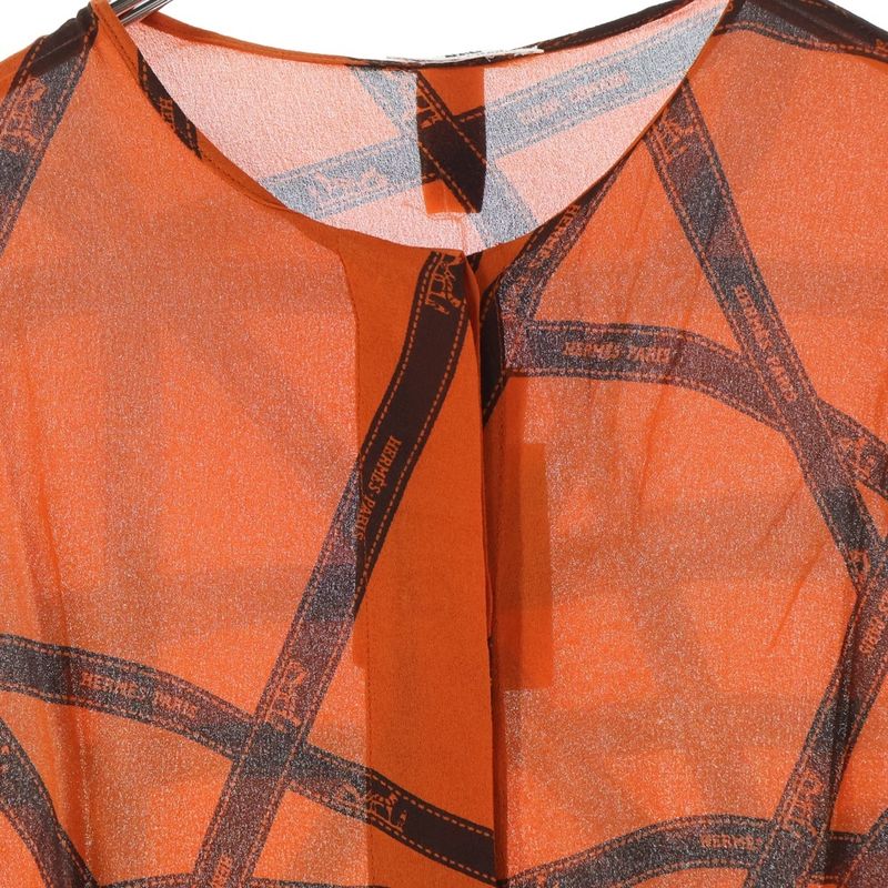 Hermes Beaulieu Duc Ribbon All Over Logo Print Silk Crew Neck Long Sleeve Shirt