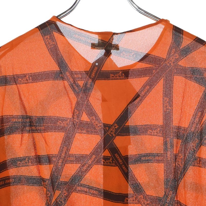 Hermes Beaulieu Duc Ribbon All Over Logo Print Silk Crew Neck Long Sleeve Shirt