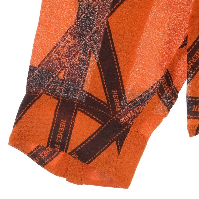 Hermes Beaulieu Duc Ribbon All Over Logo Print Silk Crew Neck Long Sleeve Shirt