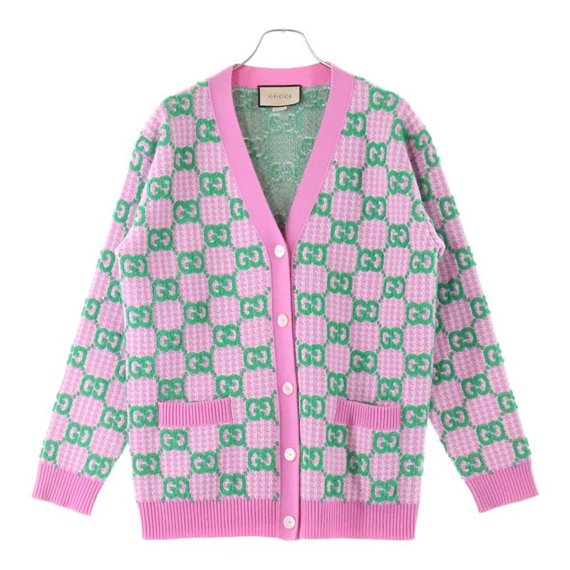 Gucci GG All-over Jacquard Check Wool Knit Cardigan Pink/green 727110