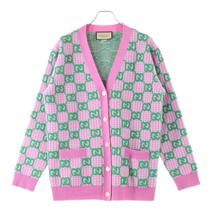 Gucci GG All-over Jacquard Check Wool Knit Cardigan Pink/green 727110