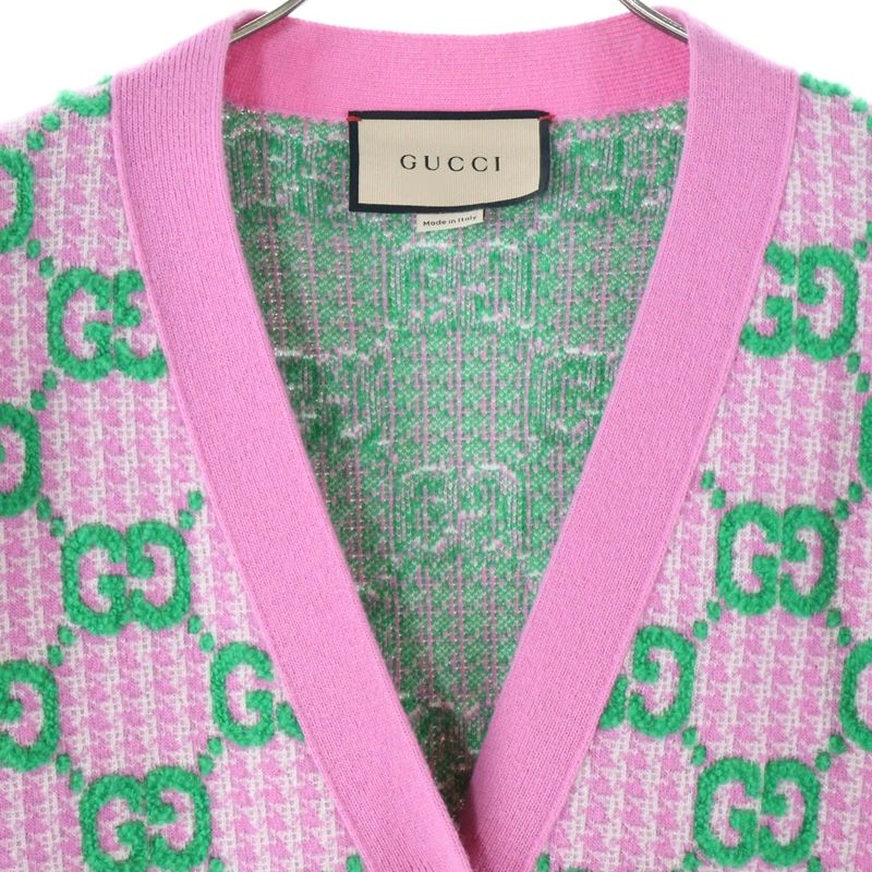 Gucci GG All-over Jacquard Check Wool Knit Cardigan Pink/green 727110