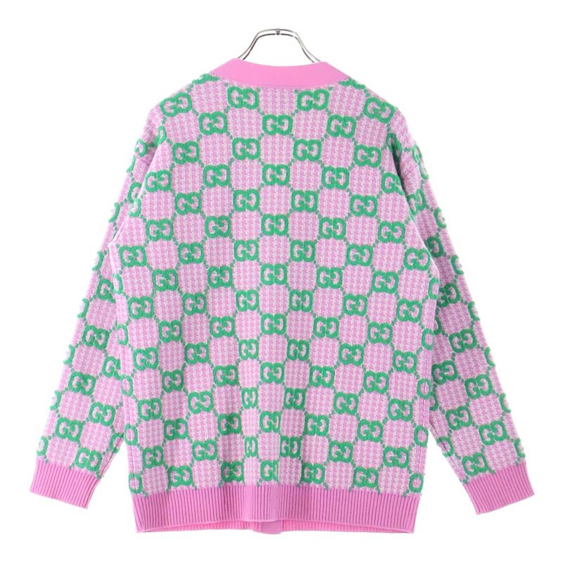 Gucci GG All-over Jacquard Check Wool Knit Cardigan Pink/green 727110