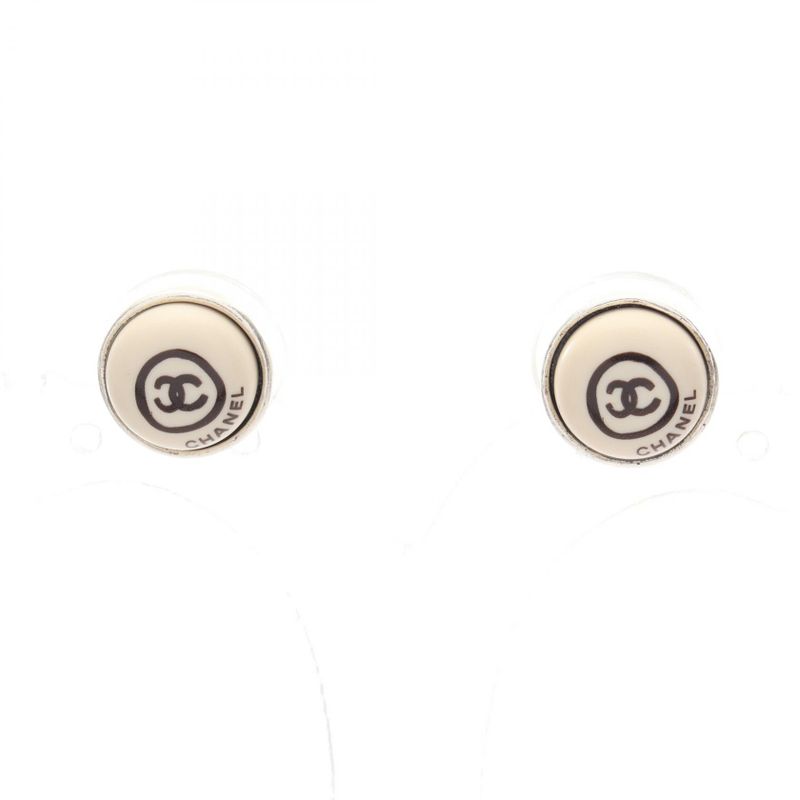 Chanel Earrings Coco Mark Stainless Steel White Logo Earrings Ladies Used C