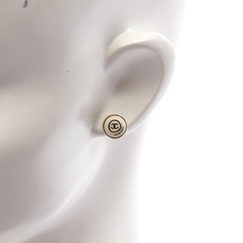 Chanel Earrings Coco Mark Stainless Steel White Logo Earrings Ladies Used C