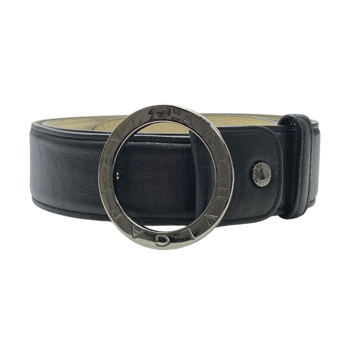 Bvlgari 32743 Belt Accessories Bvlgari Circle Buckle Silver Logo Leather Black
