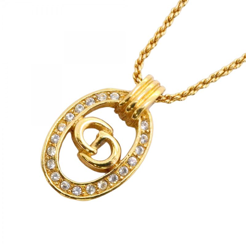 Christian Dior Necklace CD Logo Oval GP Plated Rhinestone Gold Ladies