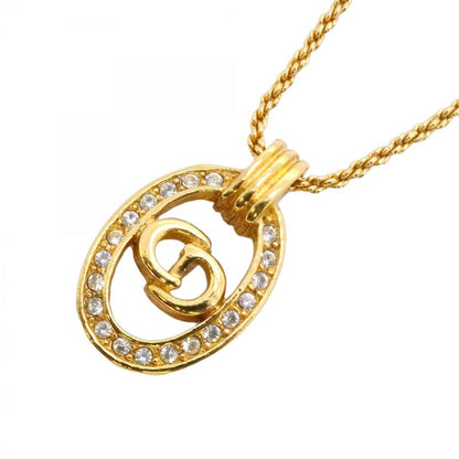 Christian Dior Necklace CD Logo Oval GP Plated Rhinestone Gold Ladies