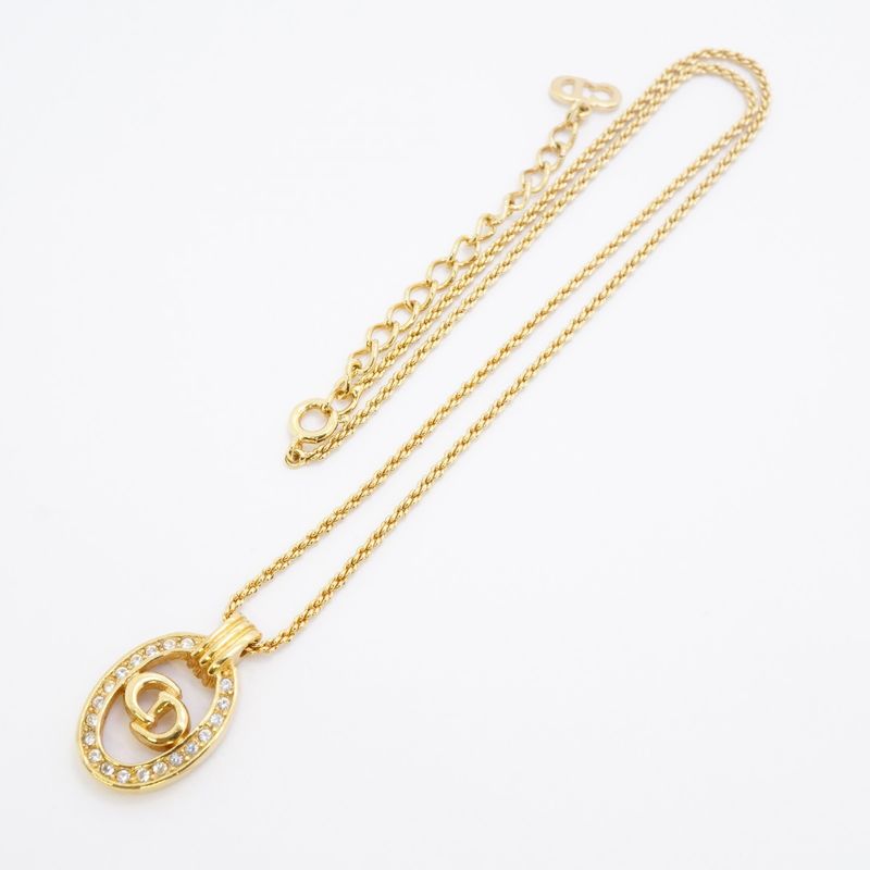 Christian Dior Necklace CD Logo Oval GP Plated Rhinestone Gold Ladies