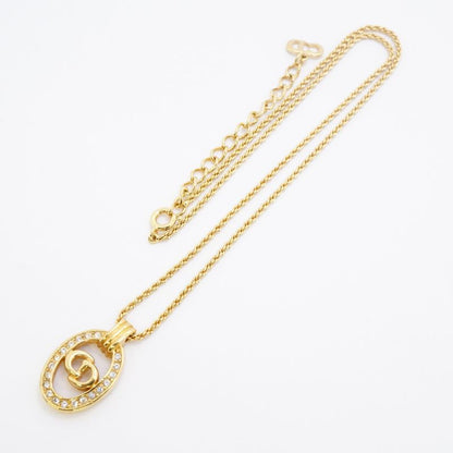 Christian Dior Necklace CD Logo Oval GP Plated Rhinestone Gold Ladies