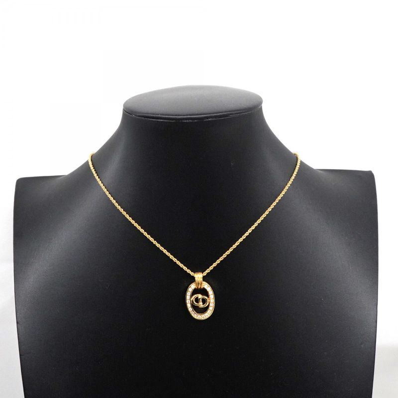 Christian Dior Necklace CD Logo Oval GP Plated Rhinestone Gold Ladies