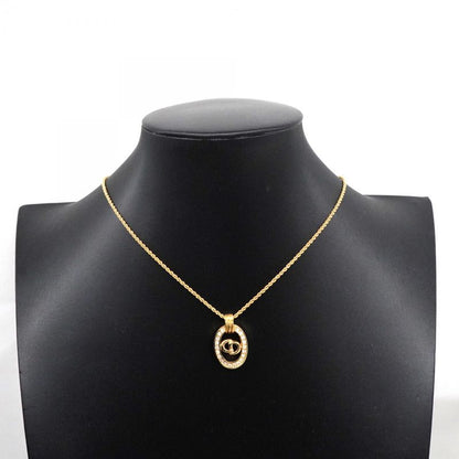 Christian Dior Necklace CD Logo Oval GP Plated Rhinestone Gold Ladies