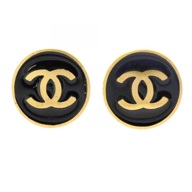 Chanel Earrings Coco Round Shape Circle GP Plated Gold Black Cles Deuce
