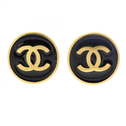 Chanel Earrings Coco Round Shape Circle GP Plated Gold Black Cles Deuce