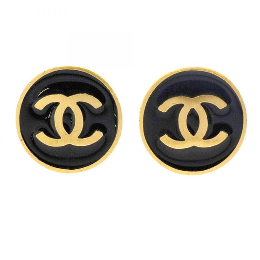 Chanel Earrings Coco Round Shape Circle GP Plated Gold Black Cles Deuce