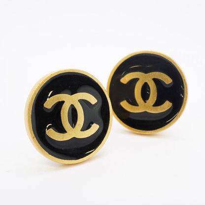 Chanel Earrings Coco Round Shape Circle GP Plated Gold Black Cles Deuce