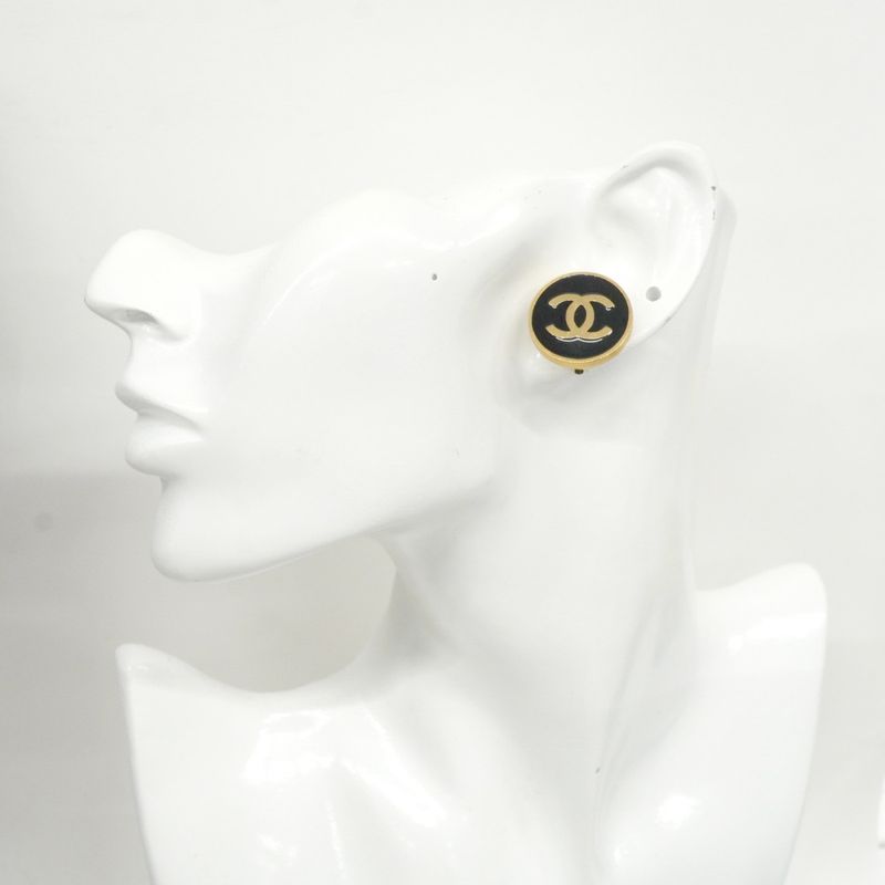 Chanel Earrings Coco Round Shape Circle GP Plated Gold Black Cles Deuce