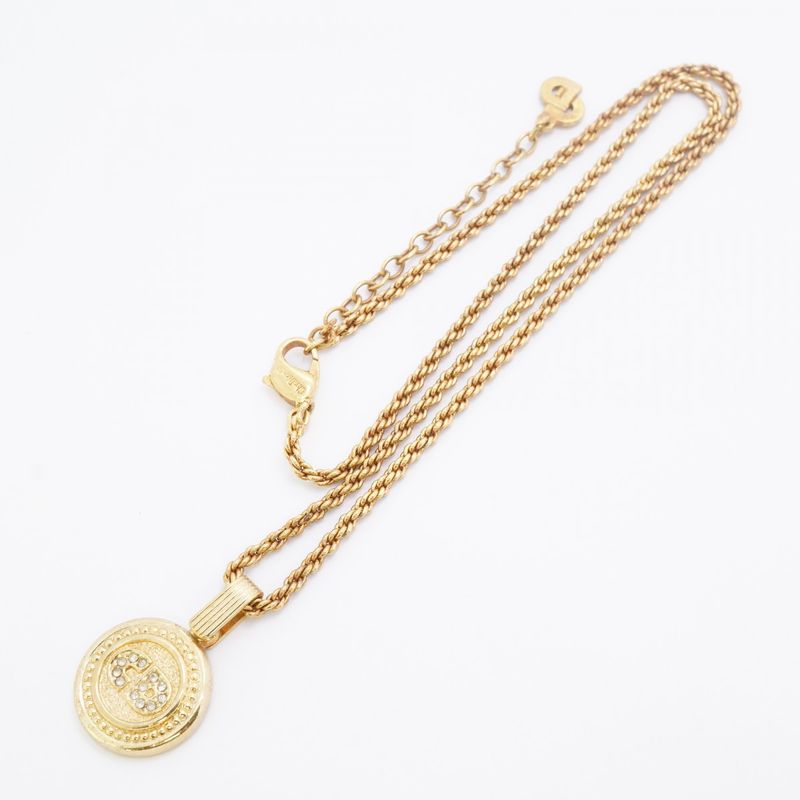 Christian Dior Necklace CD Logo Round Shape Circle GP Plated Rhinestone Gold