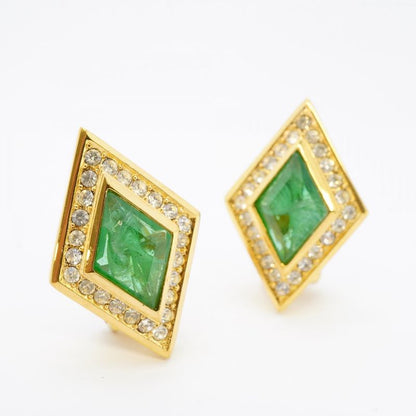 Christian Dior Earring Rhombus GP Plated Rhinestone Color Stone Gold Green