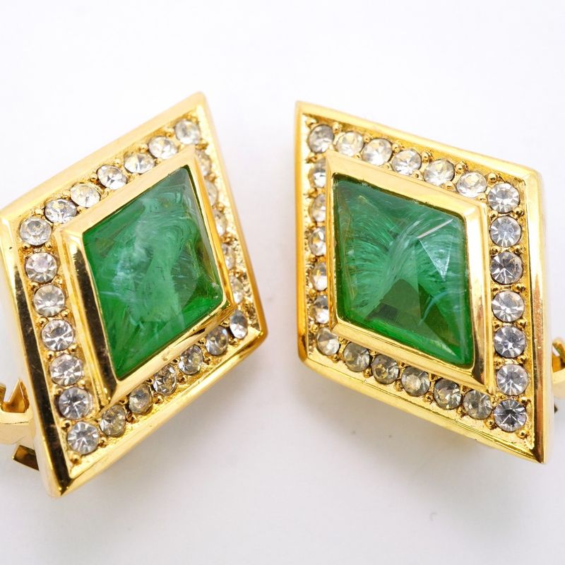 Christian Dior Earring Rhombus GP Plated Rhinestone Color Stone Gold Green