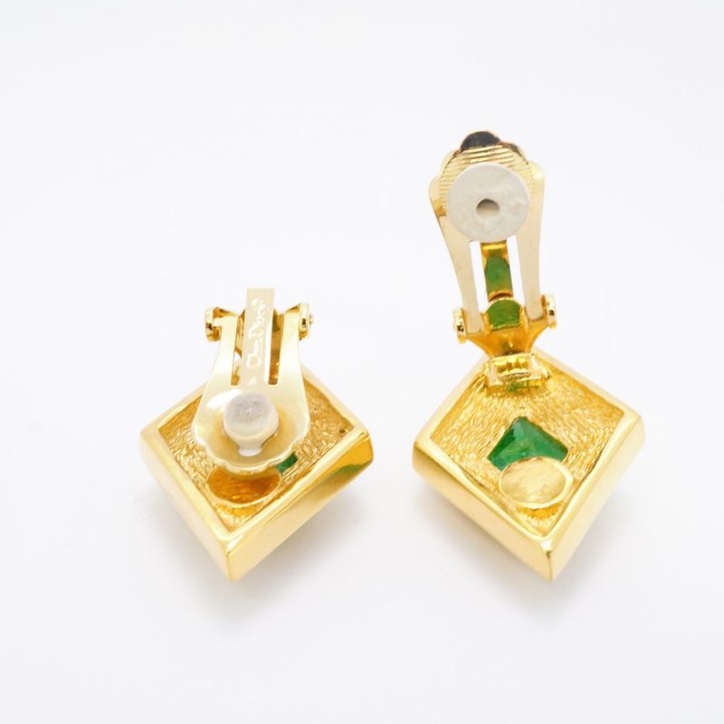 Christian Dior Earring Rhombus GP Plated Rhinestone Color Stone Gold Green
